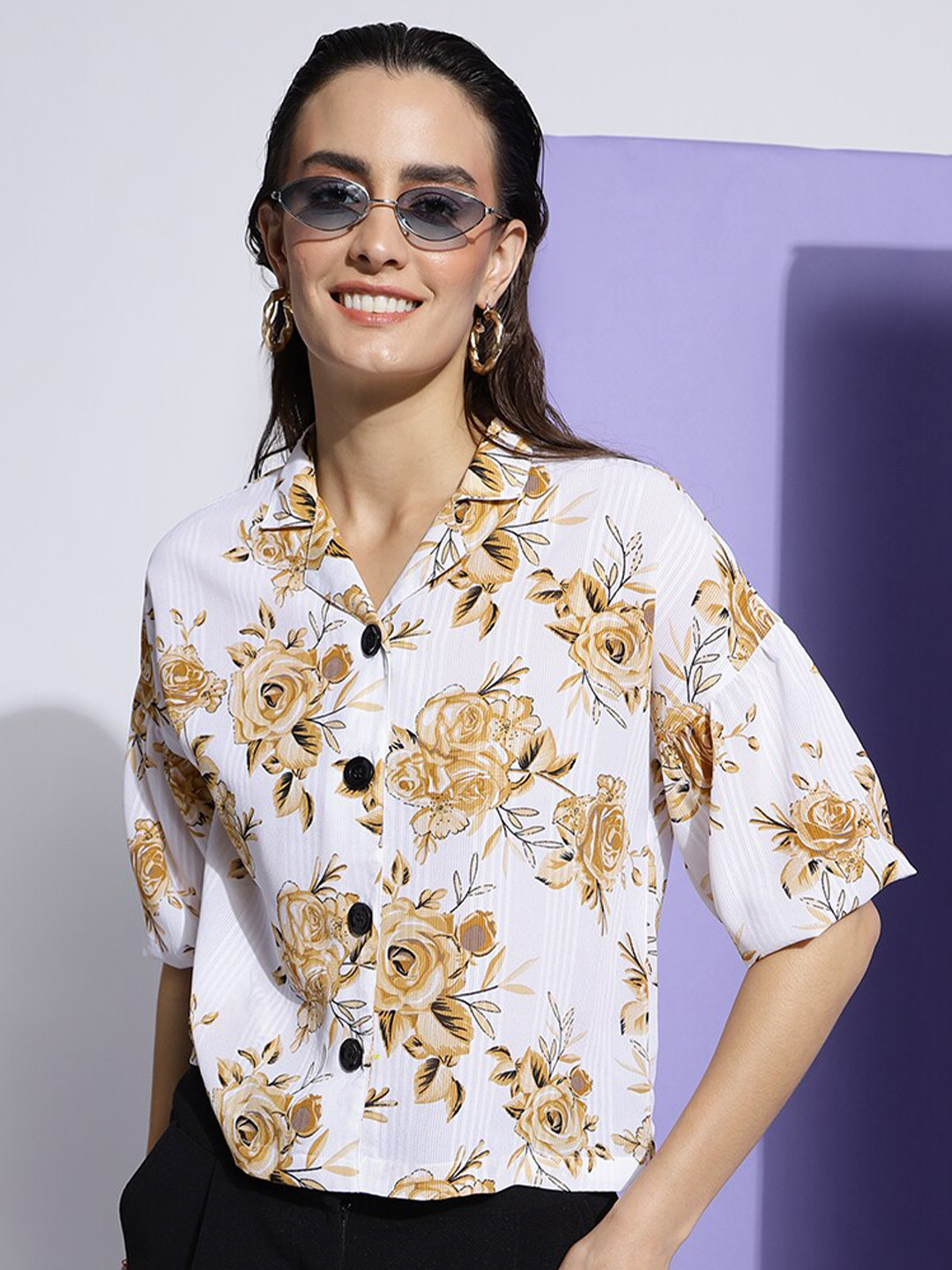 

J Turritopsis Classic Floral Printed Cuban Collar Oversized Casual Shirt, White