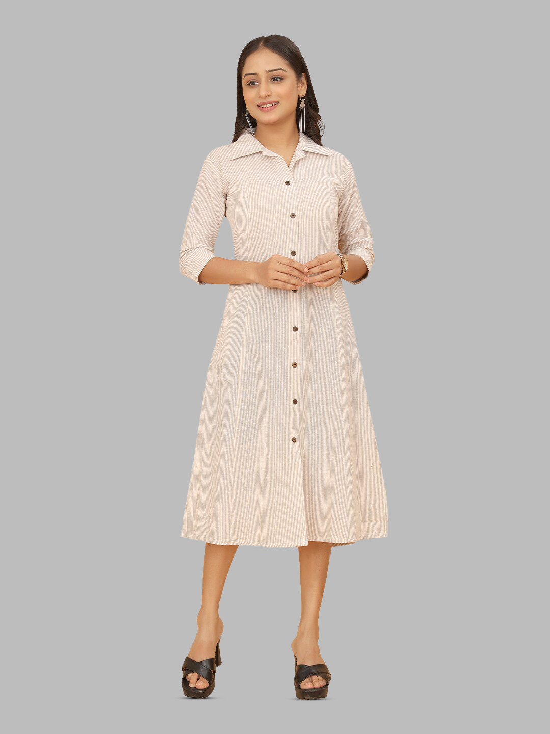 

PEACH PIPER Striped Shirt Collar Cotton A-Line Midi Ethnic Dress, Cream