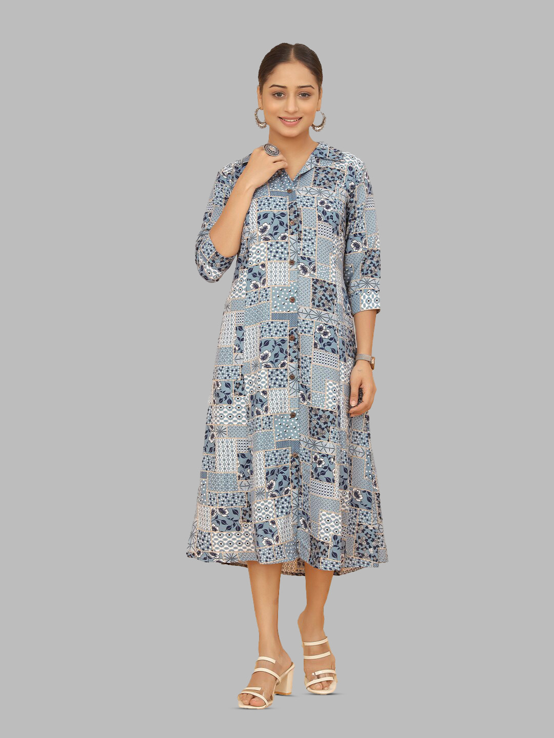 

PEACH PIPER Ethnic Motifs Printed Shirt Collar Pure Cotton A-Line Midi Ethnic Dress, Grey