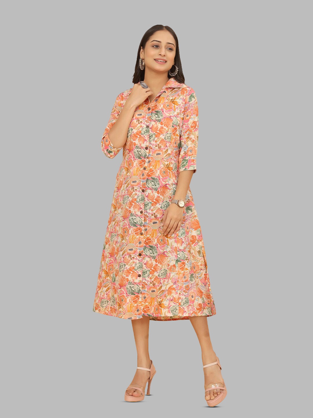 

PEACH PIPER Floral Print Pure Cotton A-Line Midi Dress, Orange