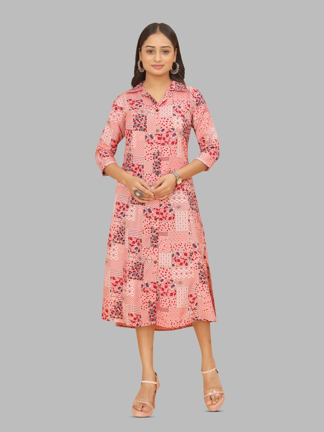 

PEACH PIPER Floral Printed Cotton Shirt Midi Ethnic Dress