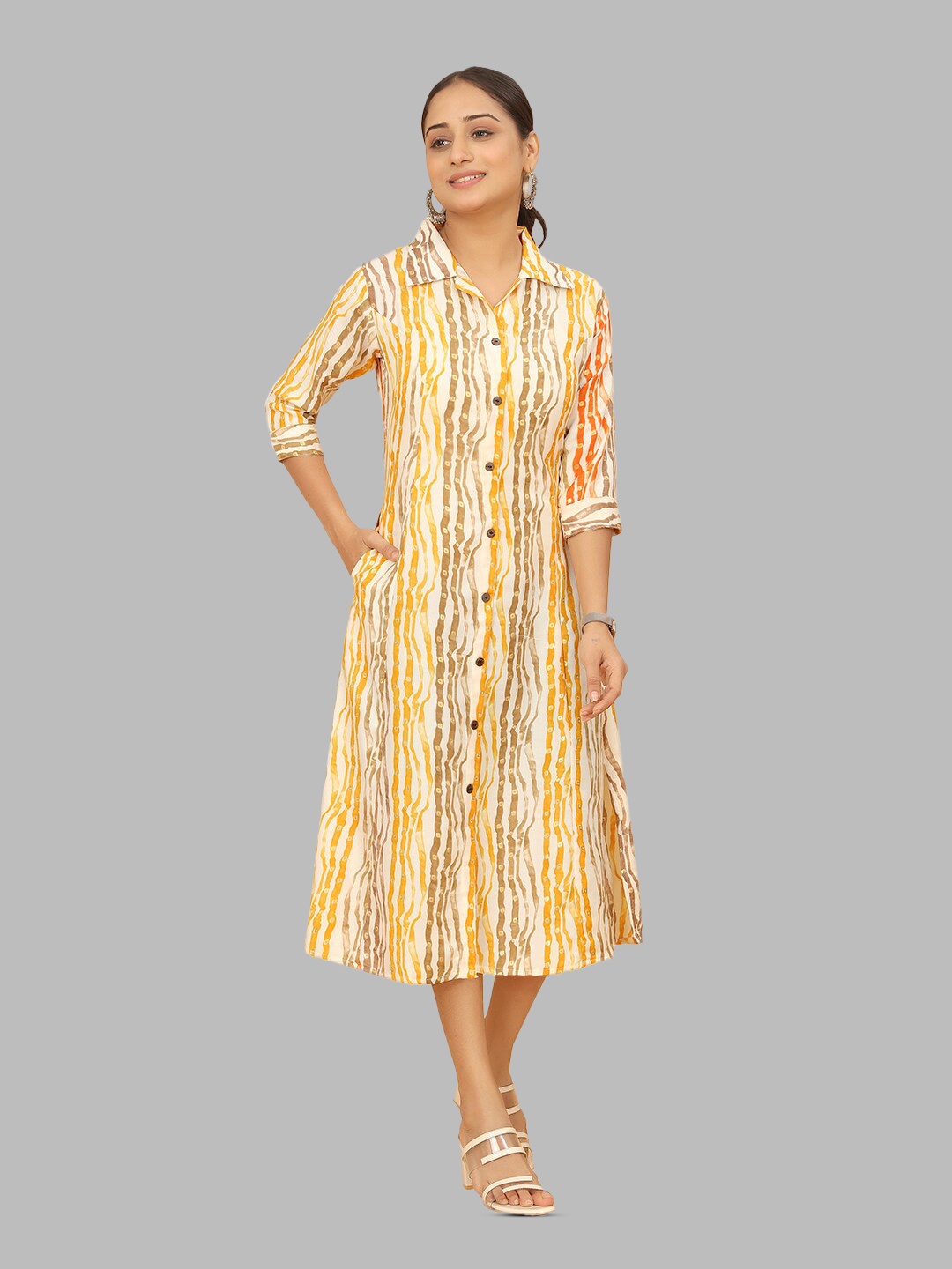 

PEACH PIPER Striped Pure Cotton Flared A-Line Midi Ethnic Dress, Yellow