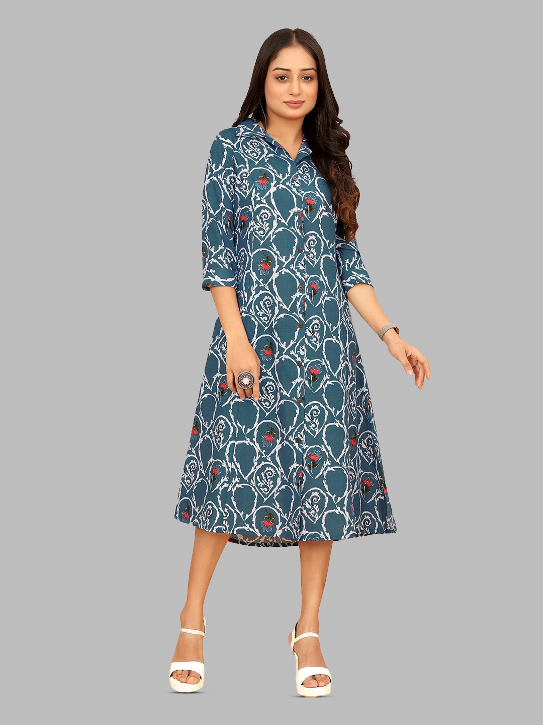 

PEACH PIPER Floral Printed Pure Cotton Flared A-Line Midi Ethnic Dress, Blue