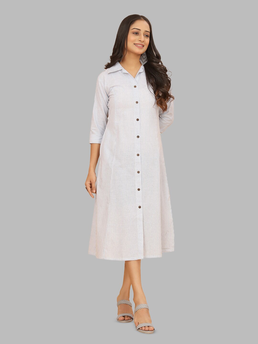 

PEACH PIPER Striped Cotton Shirt Midi Ethnic Dress, Off white