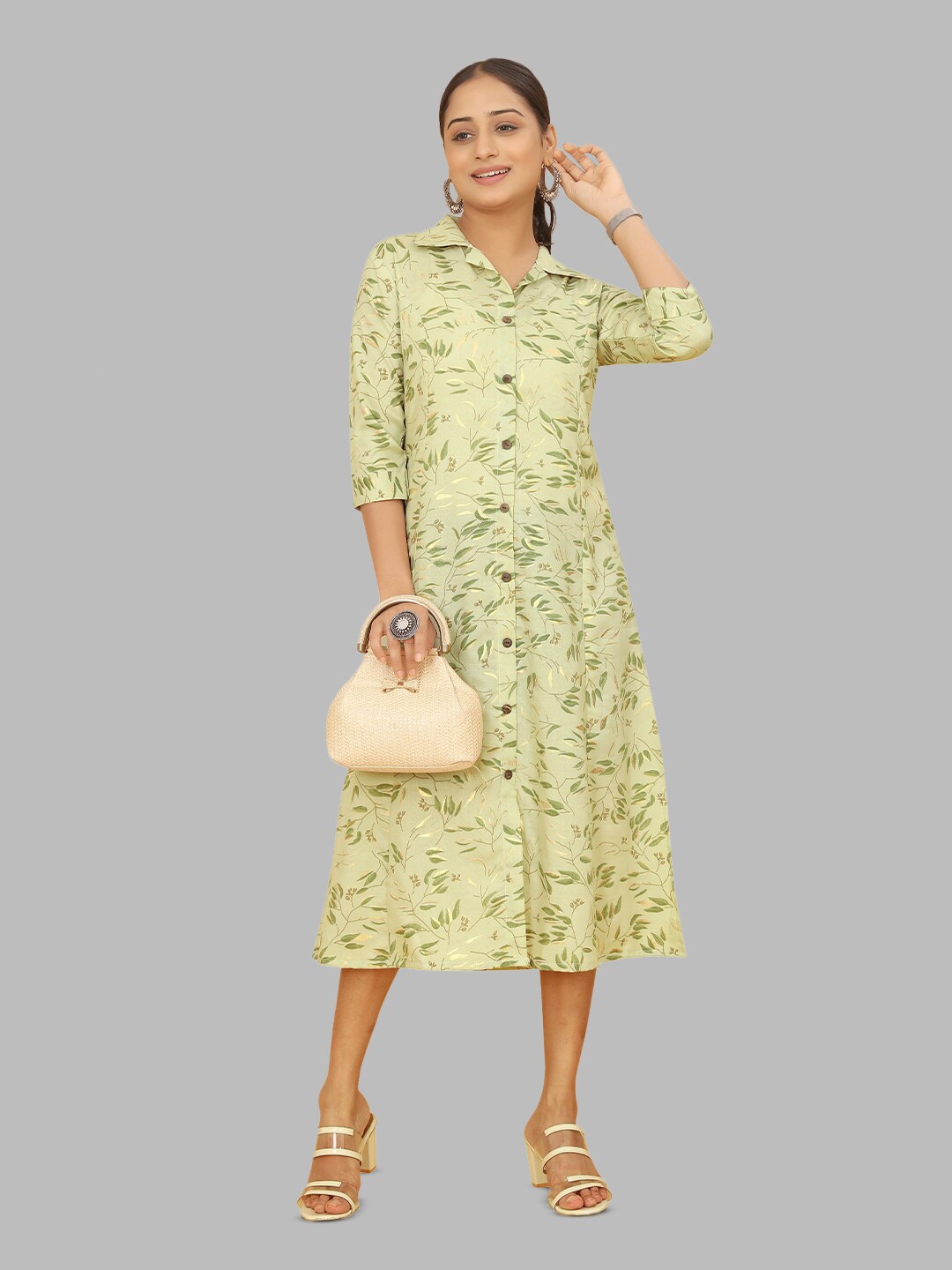

PEACH PIPER Floral Printed Shirt Collar Pure Cotton A-Line Midi Ethnic Dress, Green