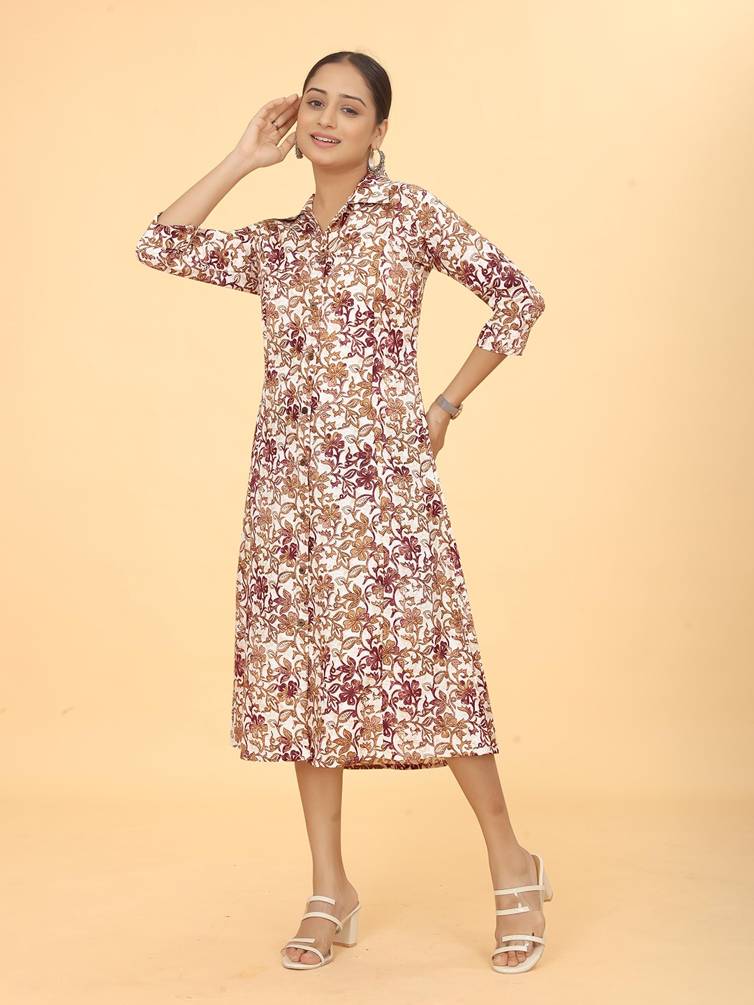

PEACH PIPER Floral Printed Pure Cotton Shirt Midi Ethnic Dress, White