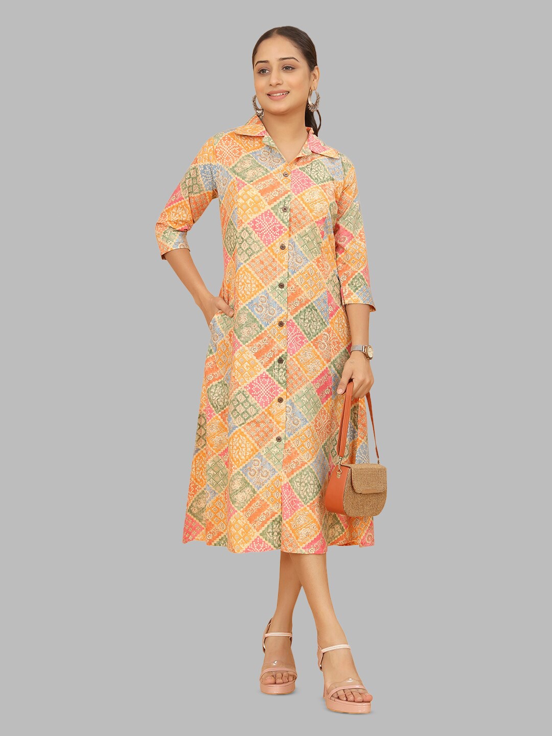 

PEACH PIPER Floral Printed Pure Cotton A-Line Ethnic Dress, Orange