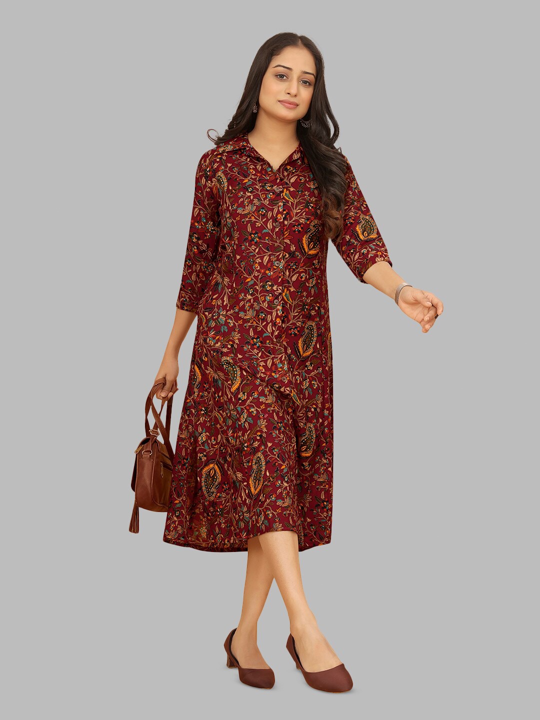 

PEACH PIPER Floral Printed Pure Cotton Shirt Midi Ethnic Dress, Maroon