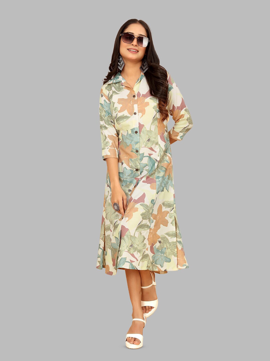 

PEACH PIPER Floral Printed Shirt Collar Pure Cotton A-Line Midi Ethnic Dress, Cream