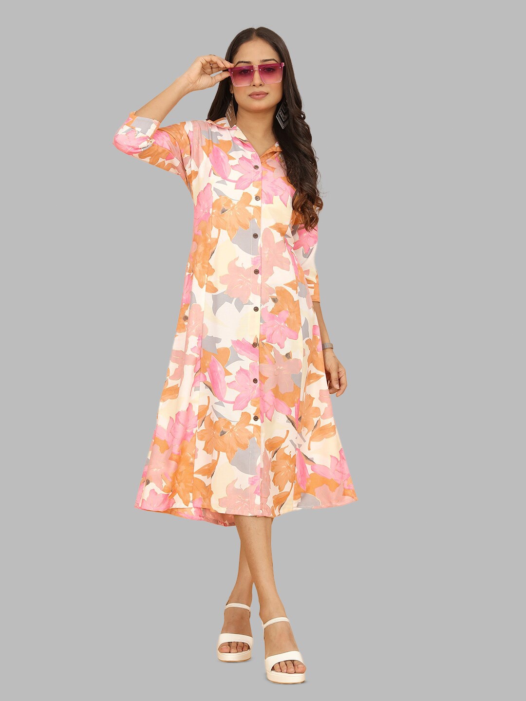 

PEACH PIPER Floral Printed Cotton Shirt Midi Ethnic Dress, White