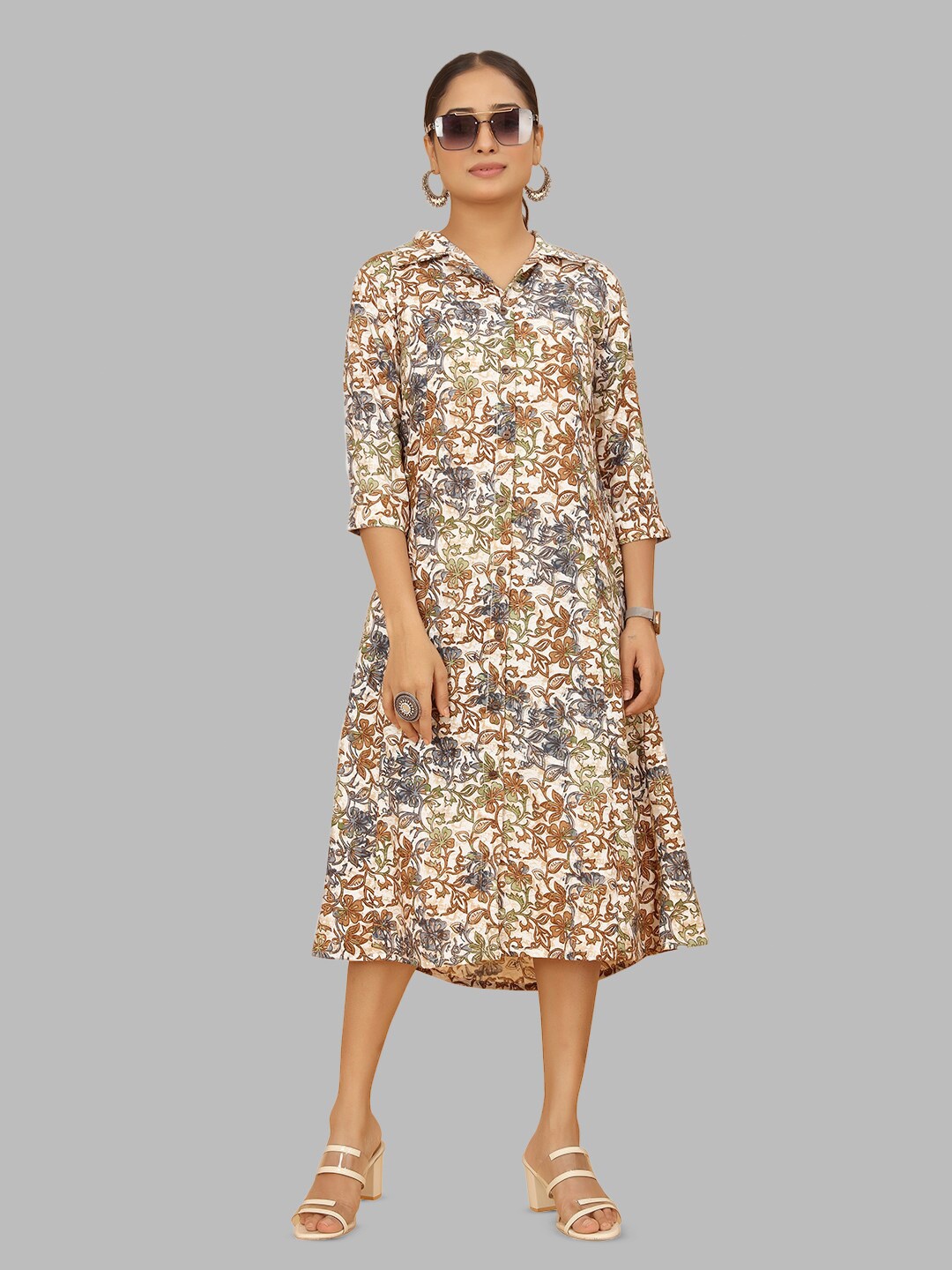 

PEACH PIPER Floral Printed Shirt Collar Pure Cotton A-Line Midi Ethnic Dress, White