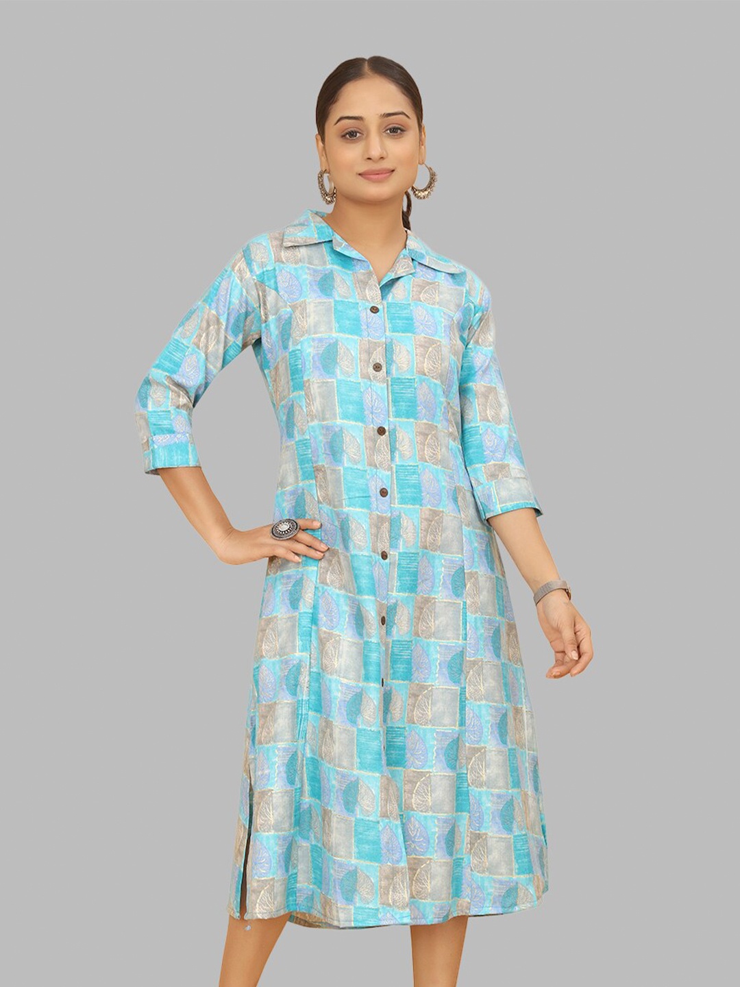 

PEACH PIPER Geometric Printed Cuban Collar Cotton Straight Kurta, Blue