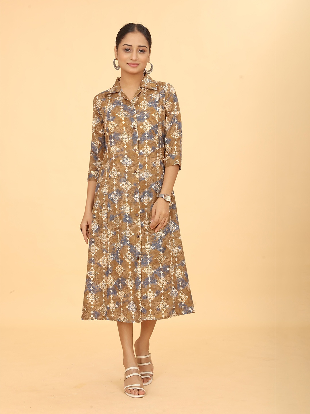 

PEACH PIPER Ethnic Motifs Printed Cotton Shirt Midi Ethnic Dress, Brown