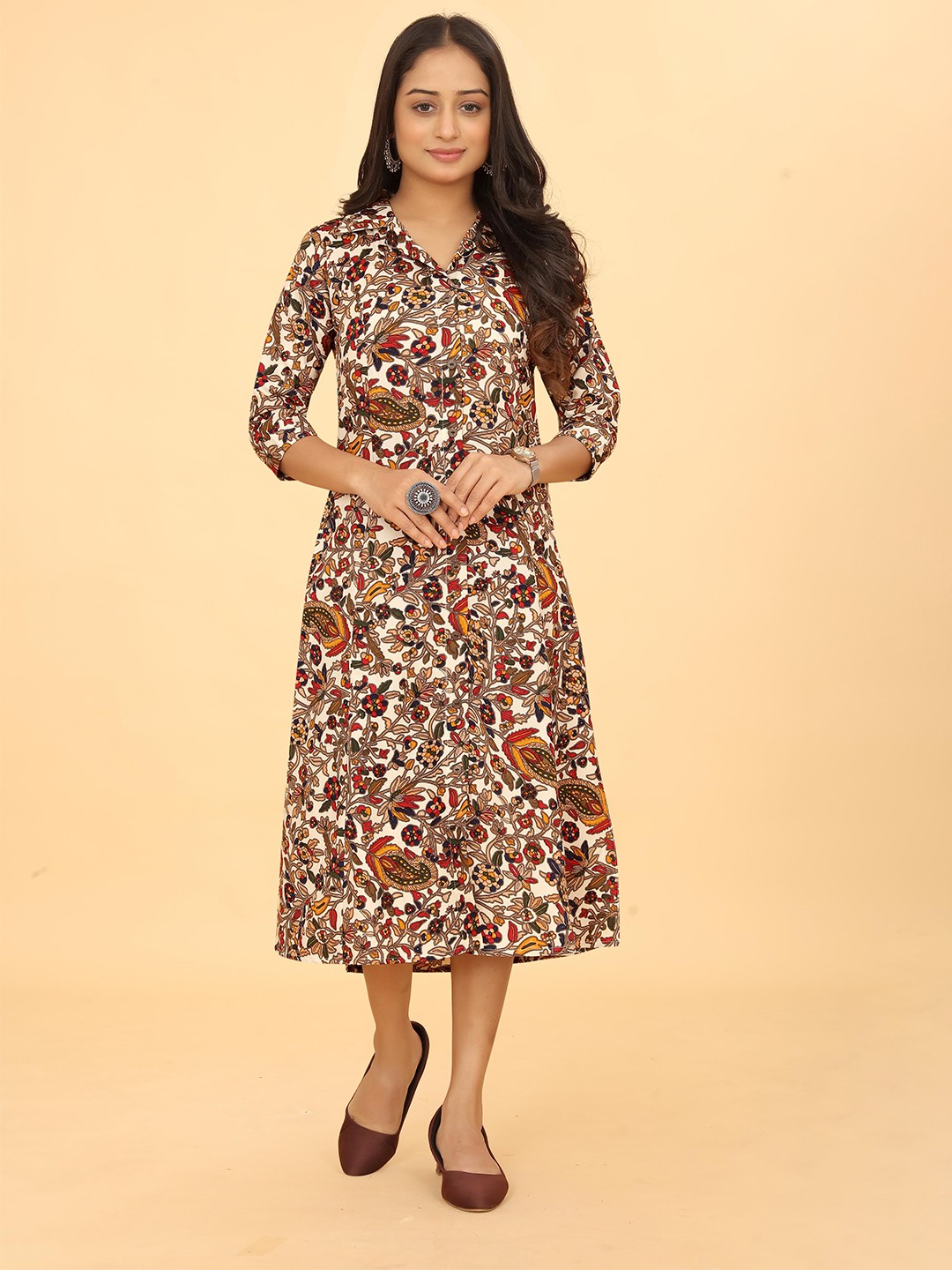 

PEACH PIPER Floral Printed Pure Cotton Shirt Midi Ethnic Dress, White