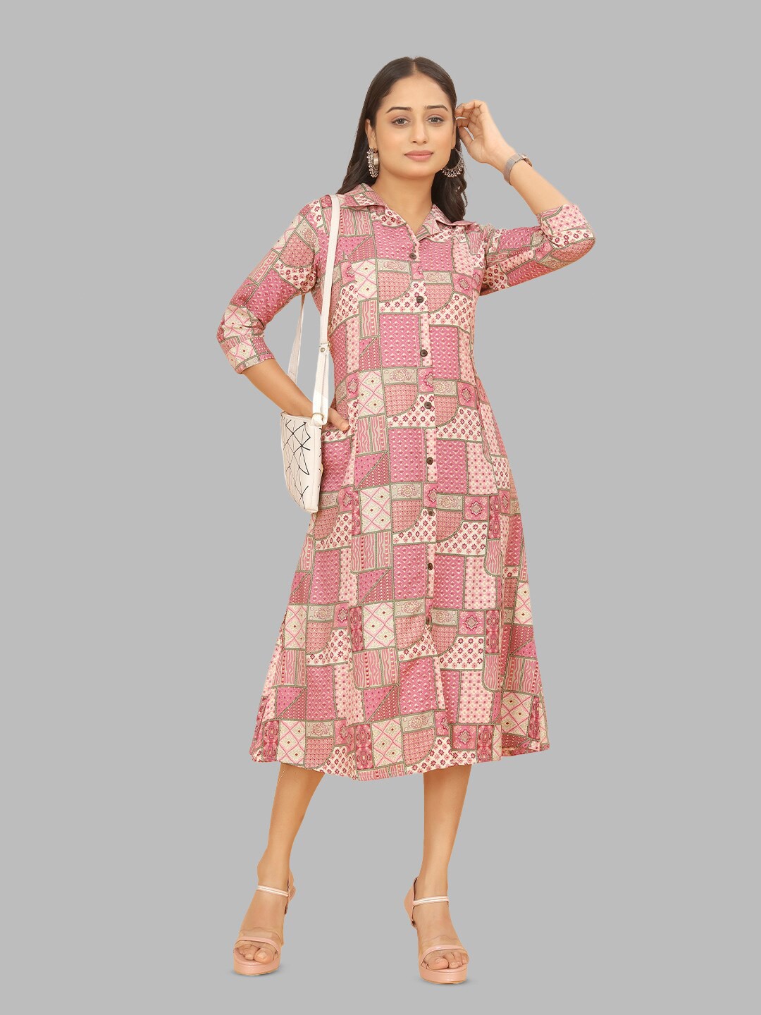 

PEACH PIPER Ethnic Motifs Printed Shirt Collar Pure Cotton A-Line Midi Ethnic Dress, Pink