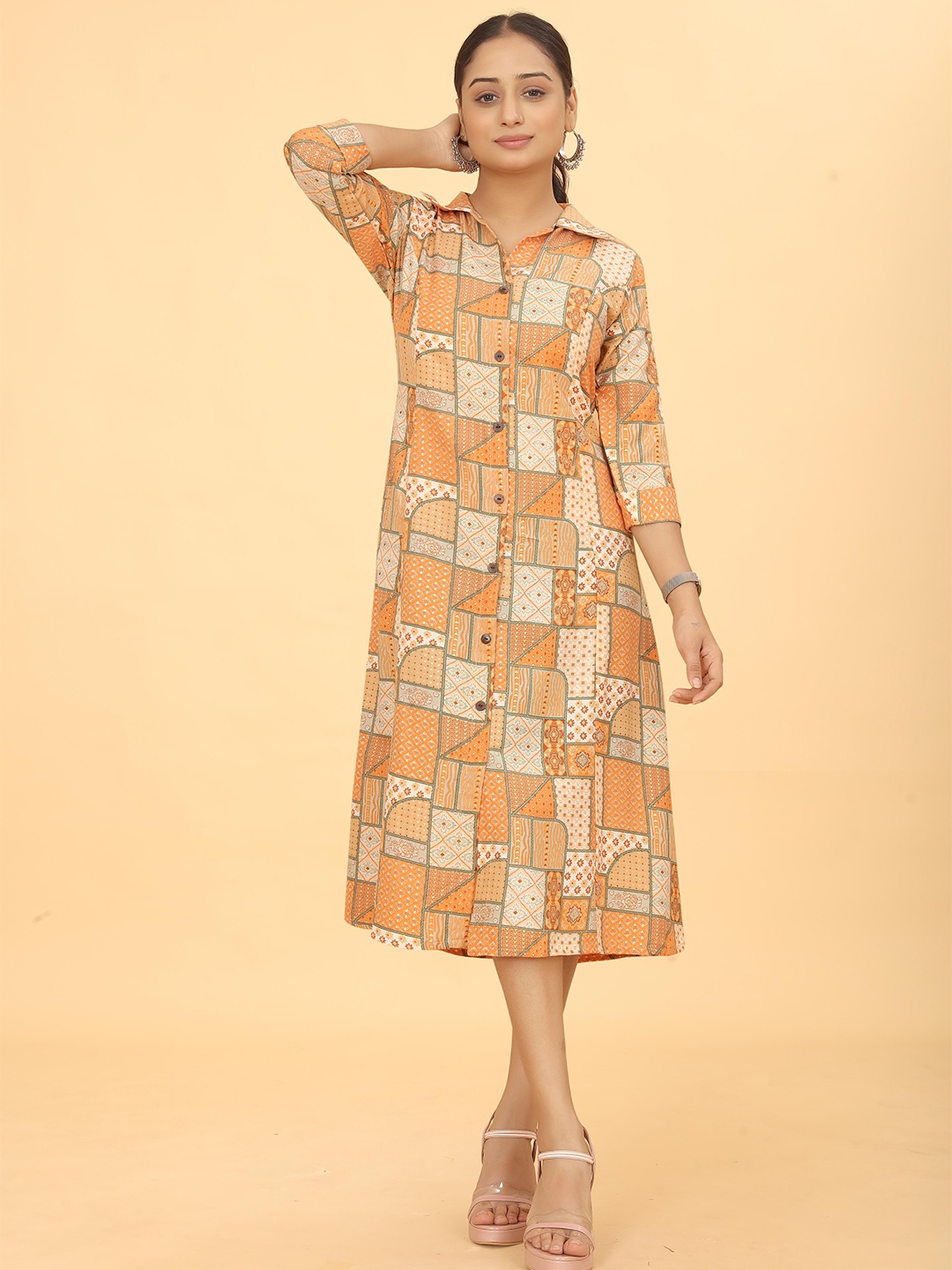 

PEACH PIPER Checked Pure Cotton Flared A-Line Midi Ethnic Dress, Yellow