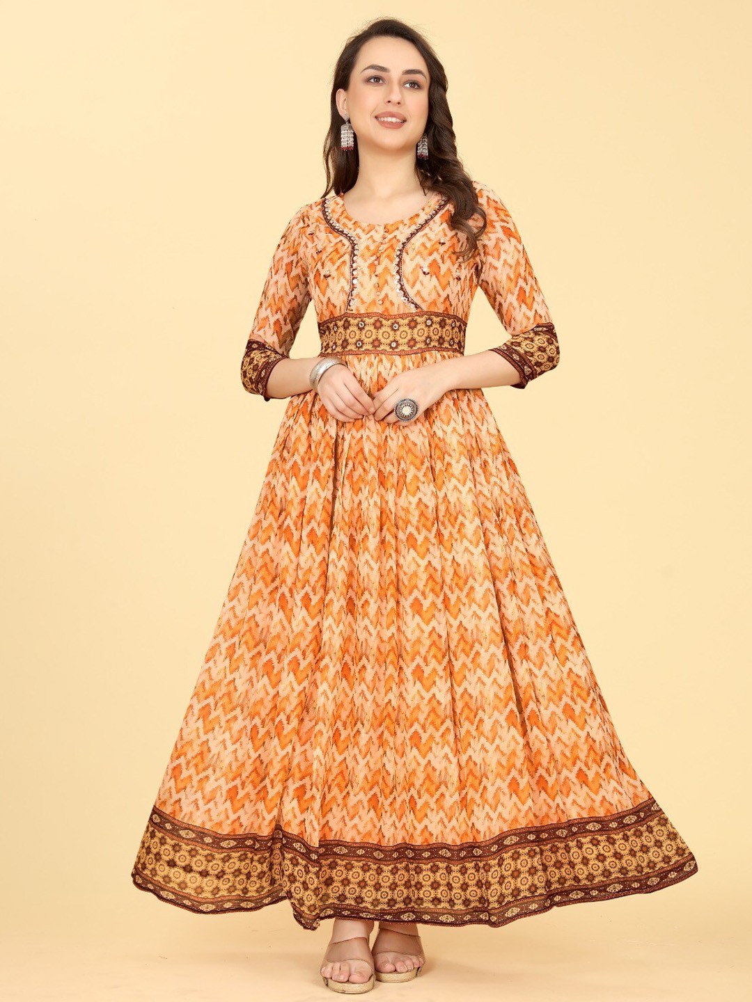 

PEPPERYLOOK Ethnic Motifs Printed Gown Ethnic Dress, Orange