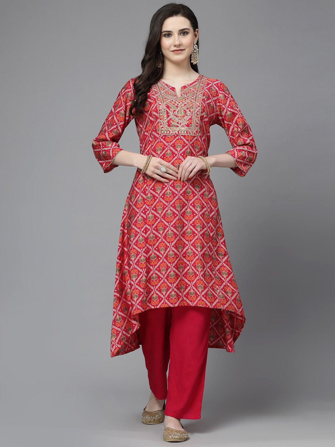 

Nayam By Lakshita Ethnic Motifs Printed Sequinned Chanderi Cotton A-Line Kurta Set, Fuchsia