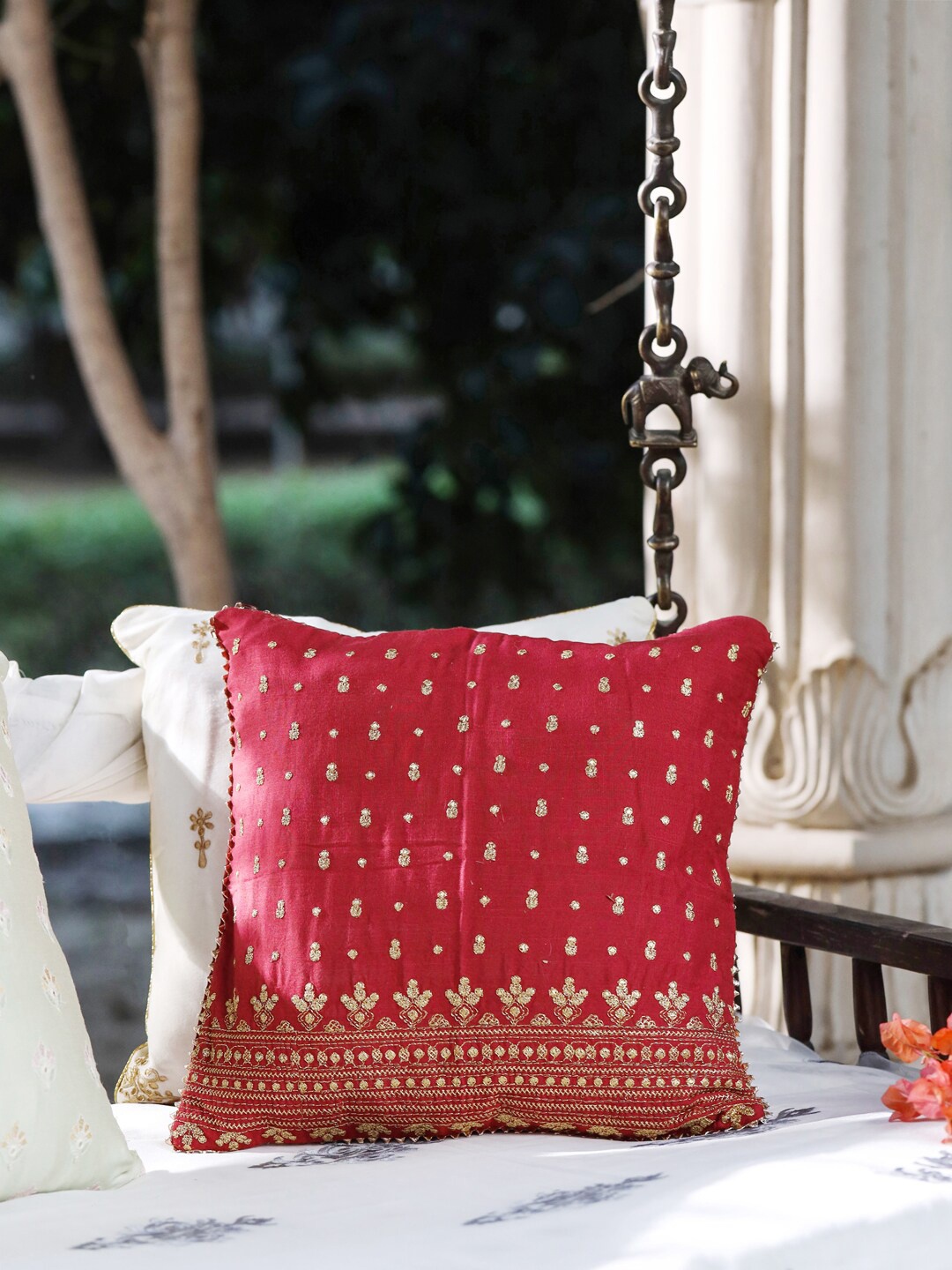 

House of Pataudi Red Embroidered Square Cushion Cover