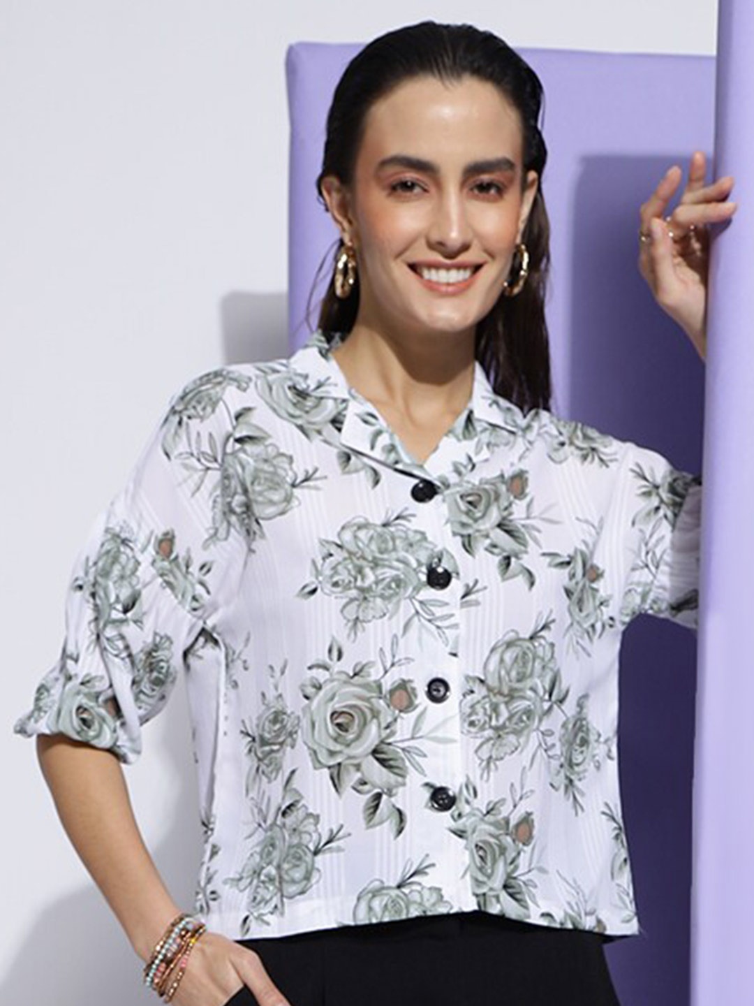 

Colors of Earth Classic Boxy Floral Printed Georgette Casual Shirt, Grey
