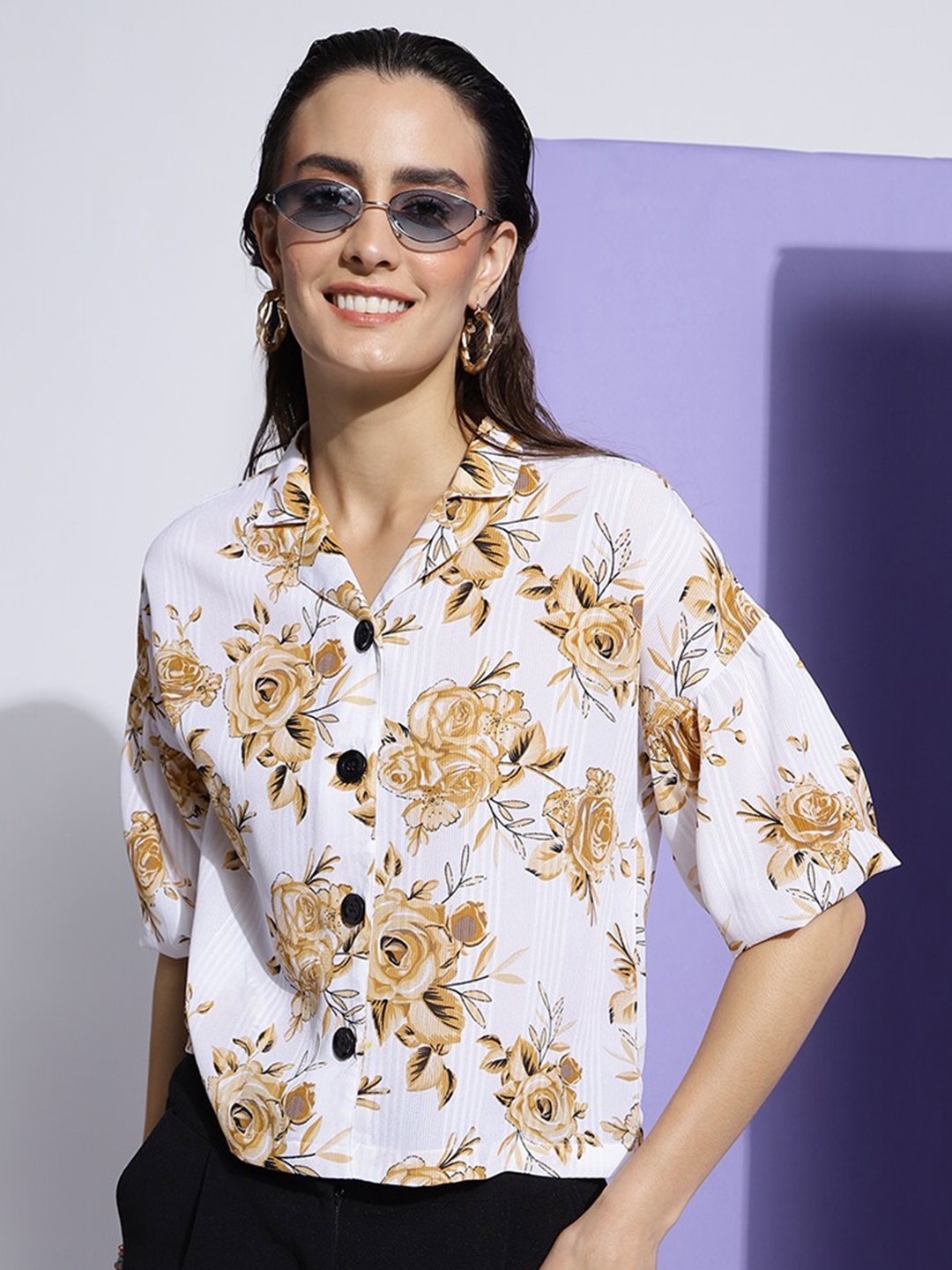 

Colors of Earth Classic Floral Printed Oversized Georgette Casual Shirt, White