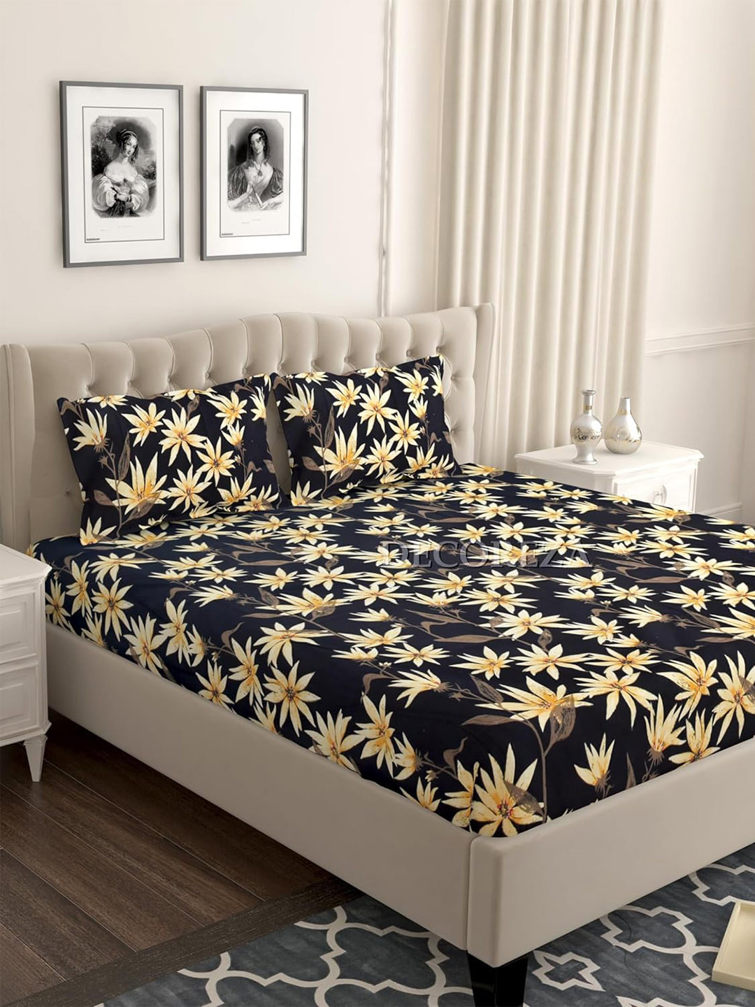 

DECOREZA Black & Yellow Floral Cotton 300 TC Fitted King Bedsheet with 2 Pillow Covers