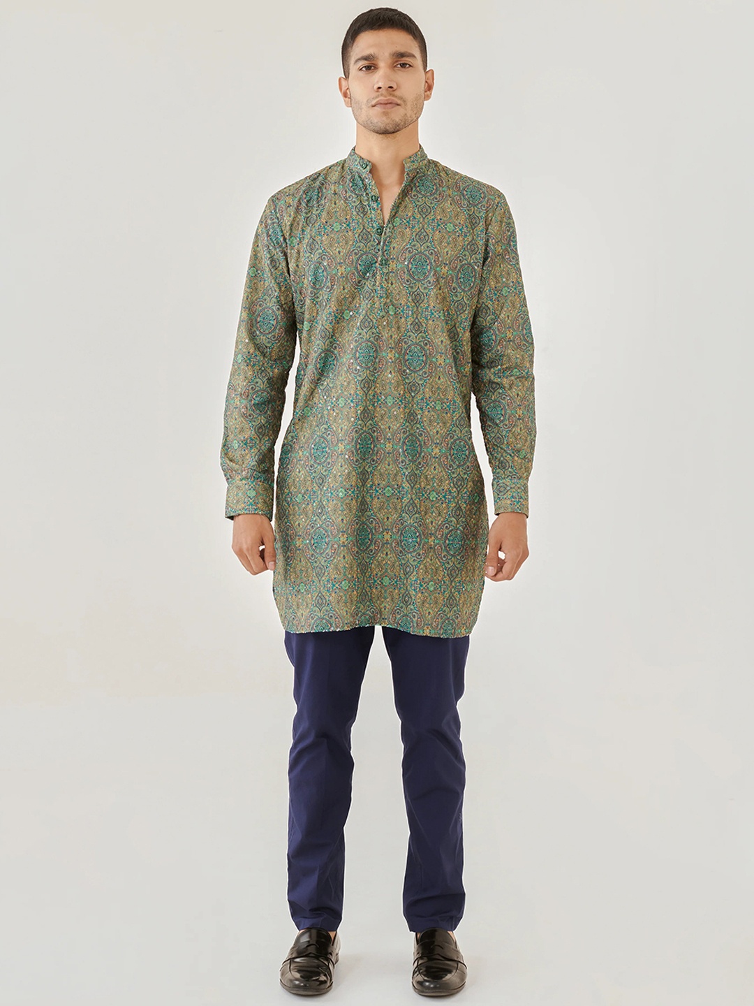 

QB MEN Ethnic Motifs Printed Straight Cotton Kurta, Green