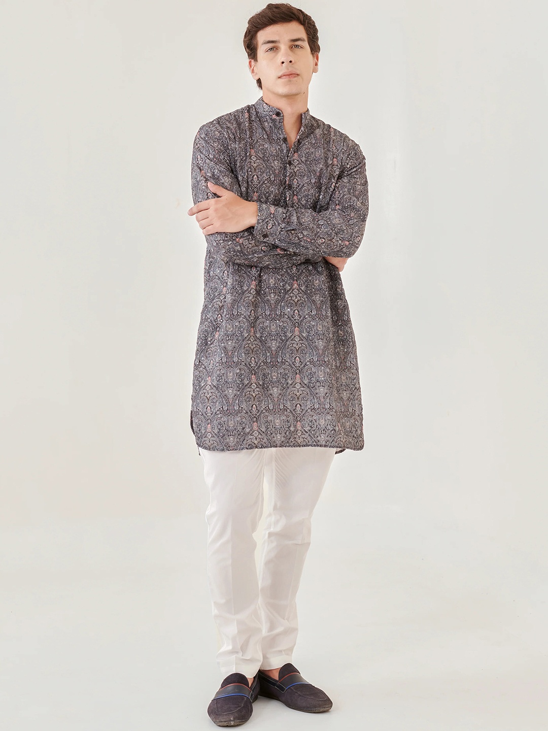 

QB MEN Ethnic Motifs Printed Cotton Regular Kurta, Black