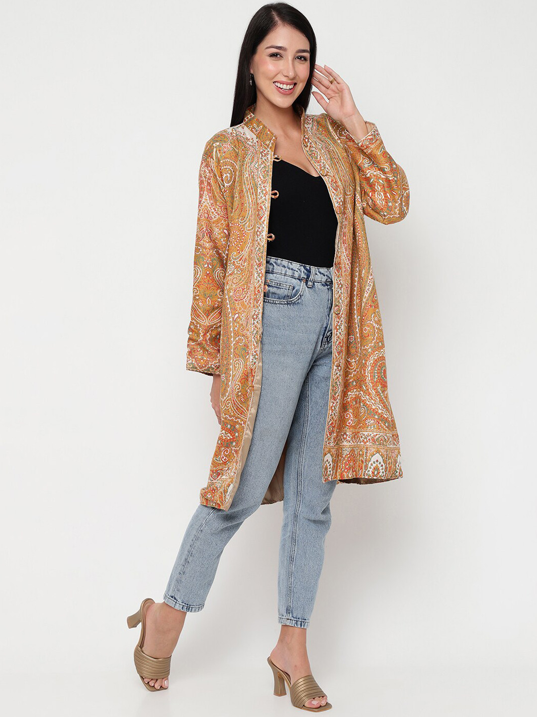 

La Vastraa Floral Self Design Machine Wash Woollen Longline Ethnic Jacket, Mustard