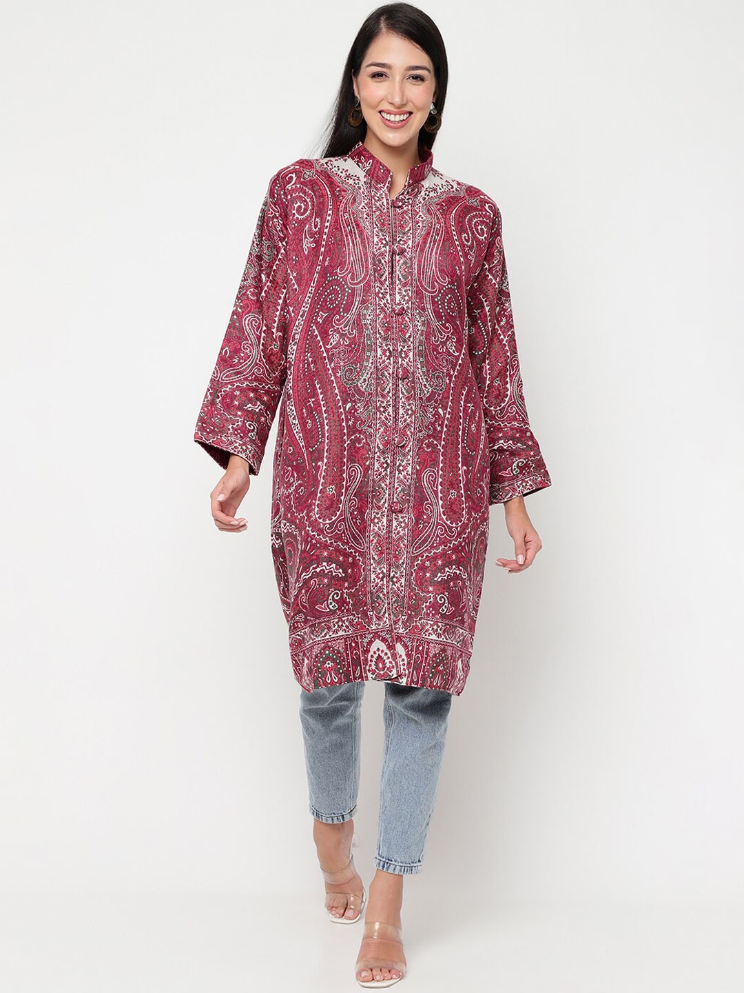 

La Vastraa Kani-Woven Design Mandarin Collar Long Sleeves Wool Overcoat, Magenta