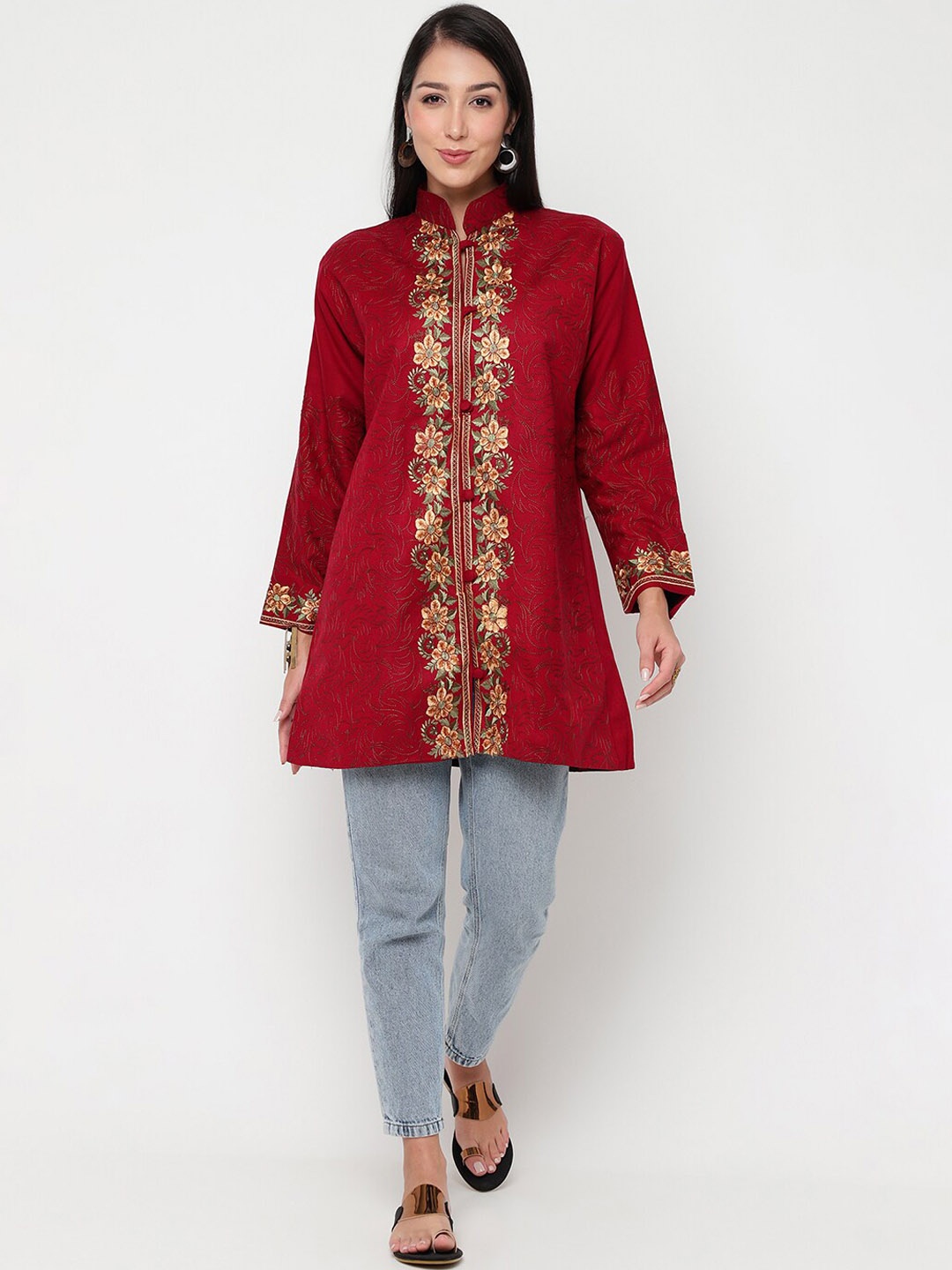 

La Vastraa Floral Embroidered Machine Wash Woollen Longline Ethnic Jacket, Maroon