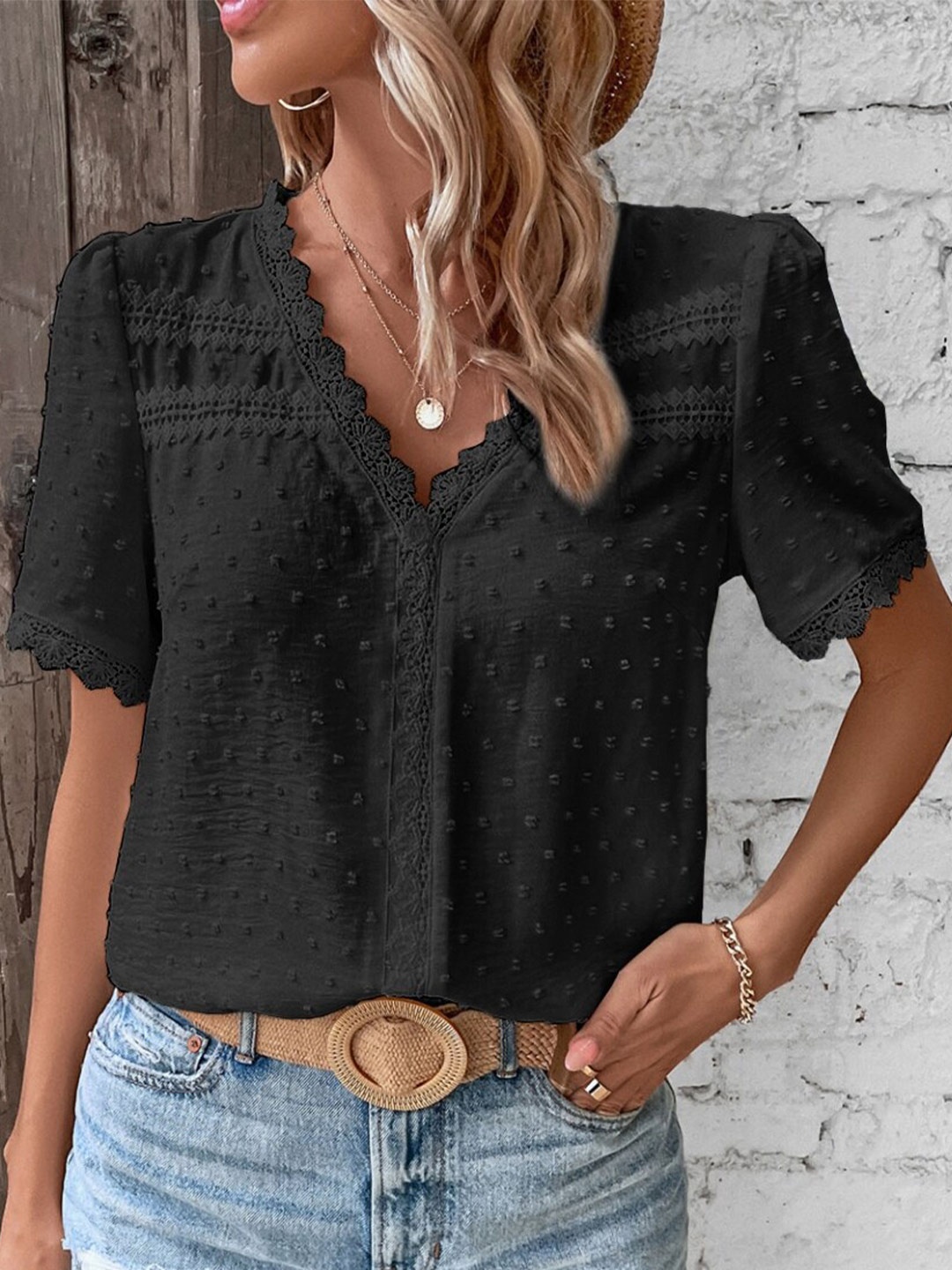 

StyleCast Black Self Design Puffed Sleeves Top