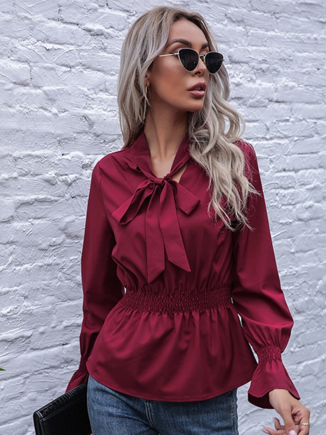 

StyleCast Red Tie-Up Neck Smocking Cinched Waist Top