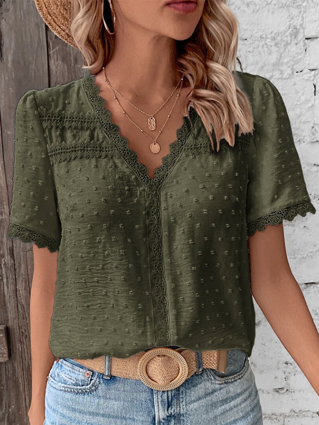 

StyleCast Green Self Design Puffed Sleeves Top
