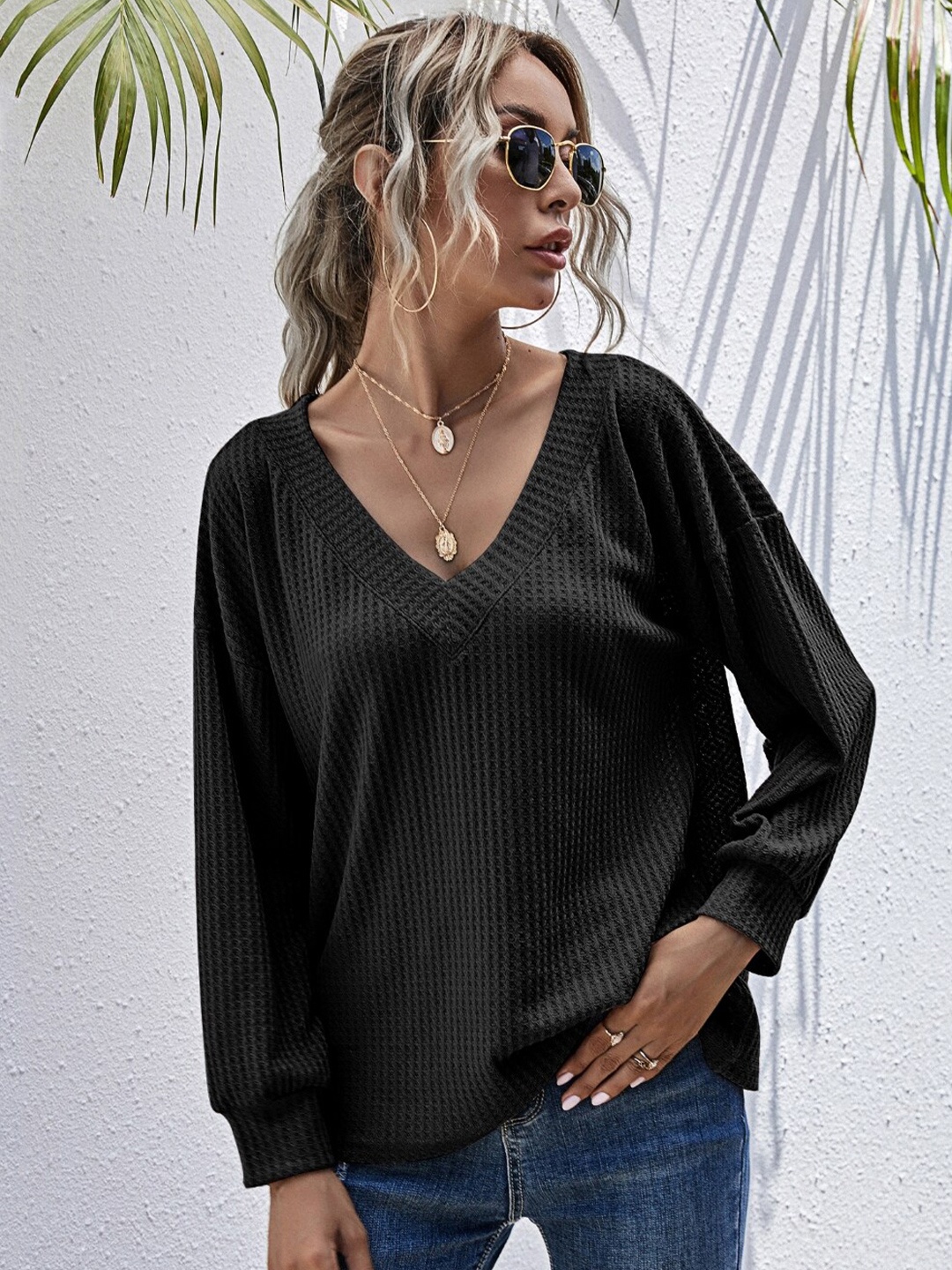 

StyleCast Black Self Design Cuffed Sleeves Top