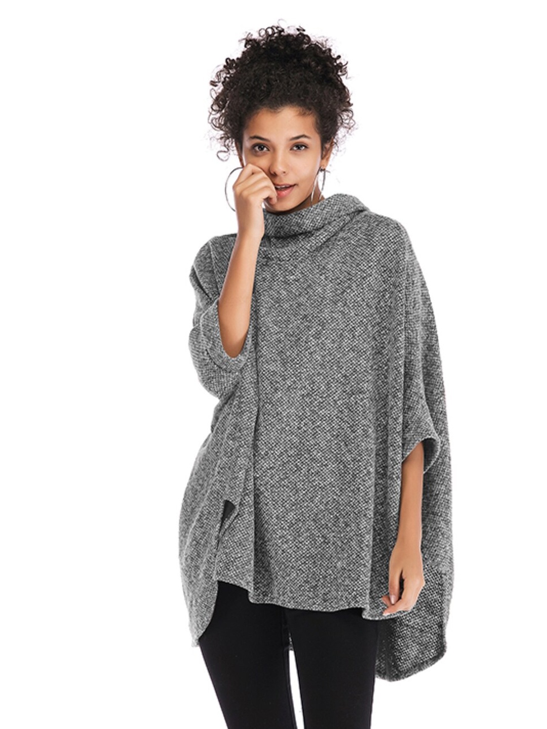 

StyleCast Grey Abstract Self Design Turtle Neck Poncho Sweaters
