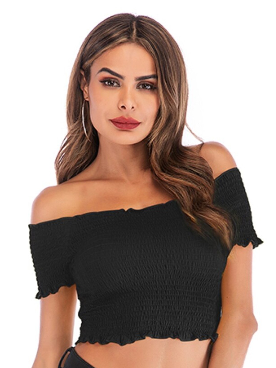 

StyleCast Black Off Shoulder Smocked Bardot Crop Top