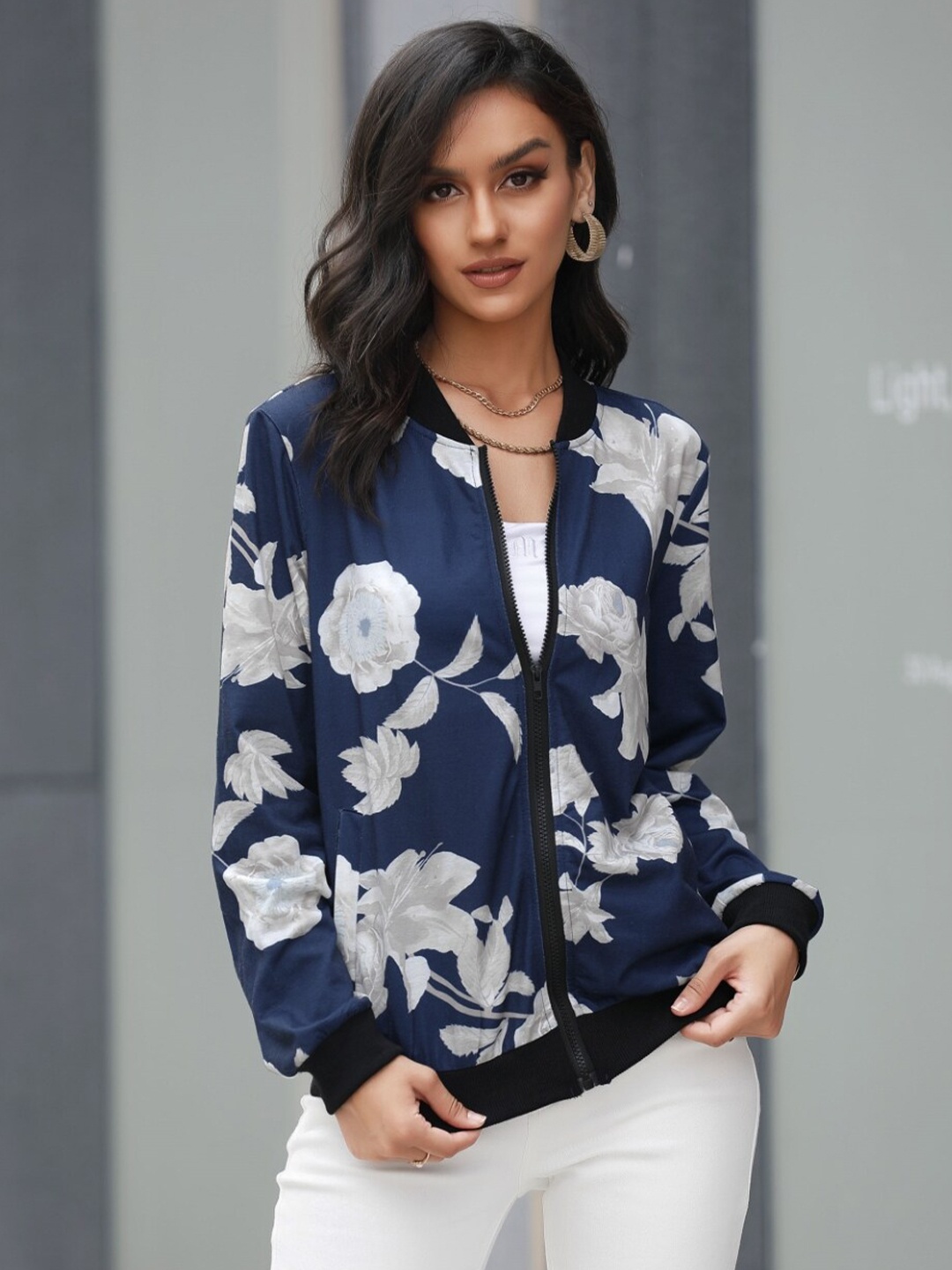 

StyleCast Navy Blue Floral Printed Mandarin Collar Bomber Jacket