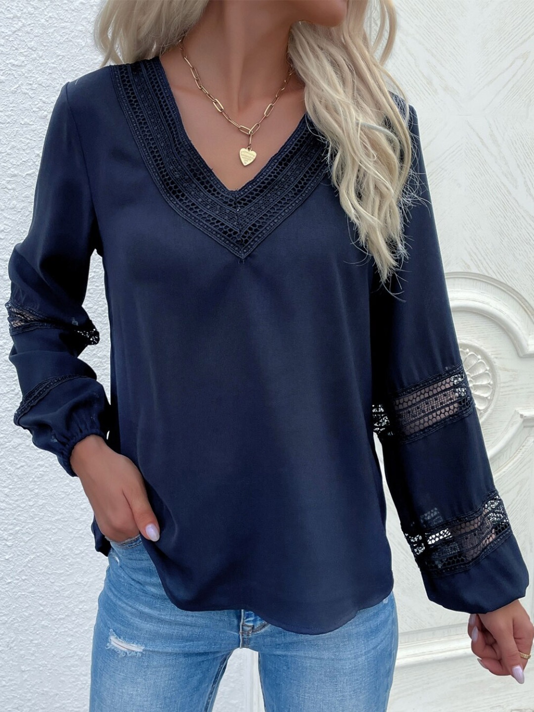 

StyleCast Navy Blue Puffed Sleeves Lace Inserts Top