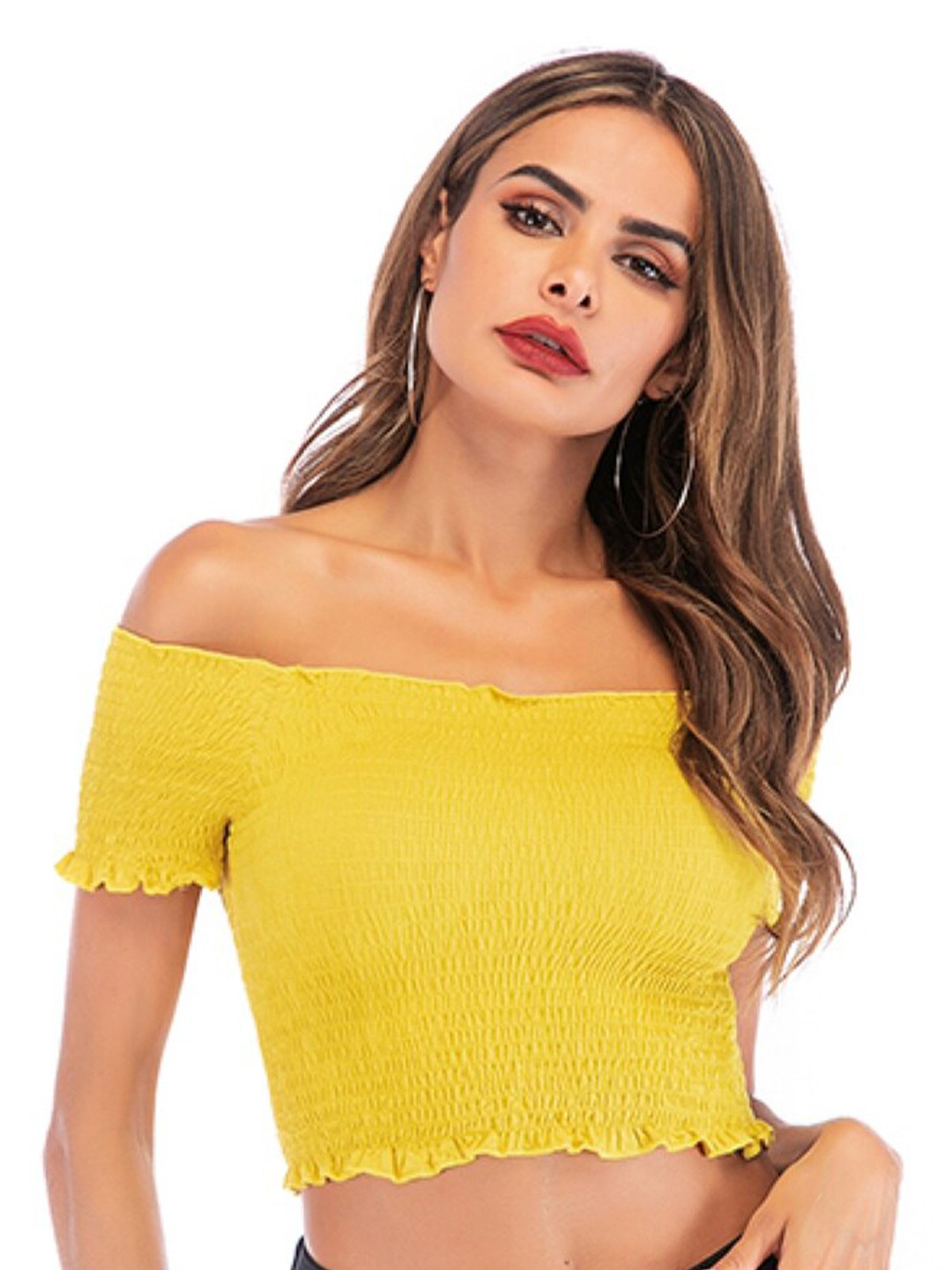 

StyleCast Yellow Off Shoulder Smocking Fitted Crop Top