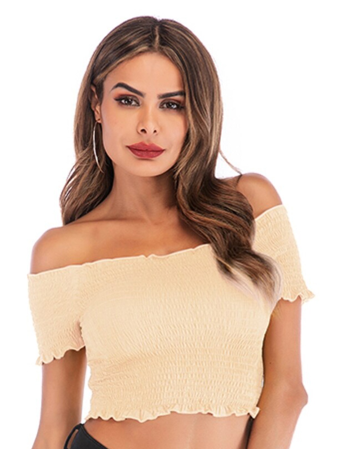

StyleCast Cream-Coloured Off-Shoulder Ribbed Fitted Crop Top