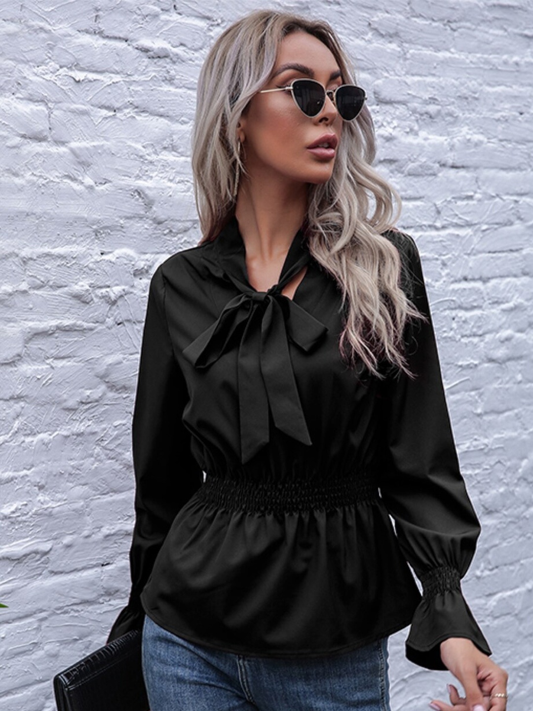 

StyleCast Black Smocked Puffed Sleeves Tie-Up Neck Top