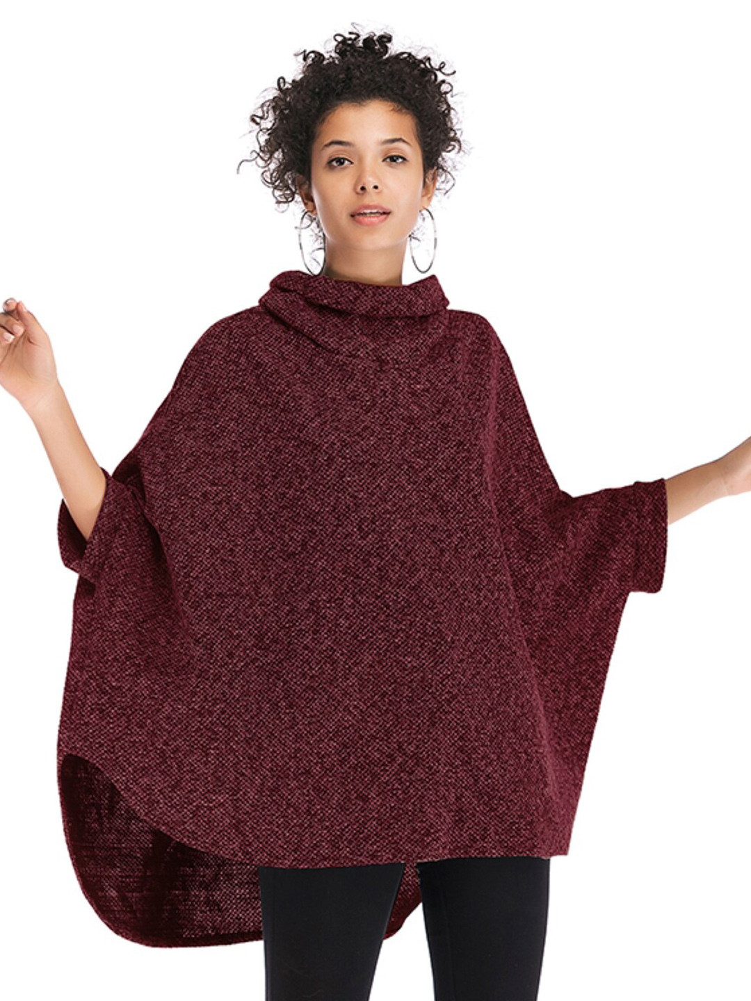 

StyleCast Burgundy Abstract Self Design Turtle Neck Poncho Sweaters
