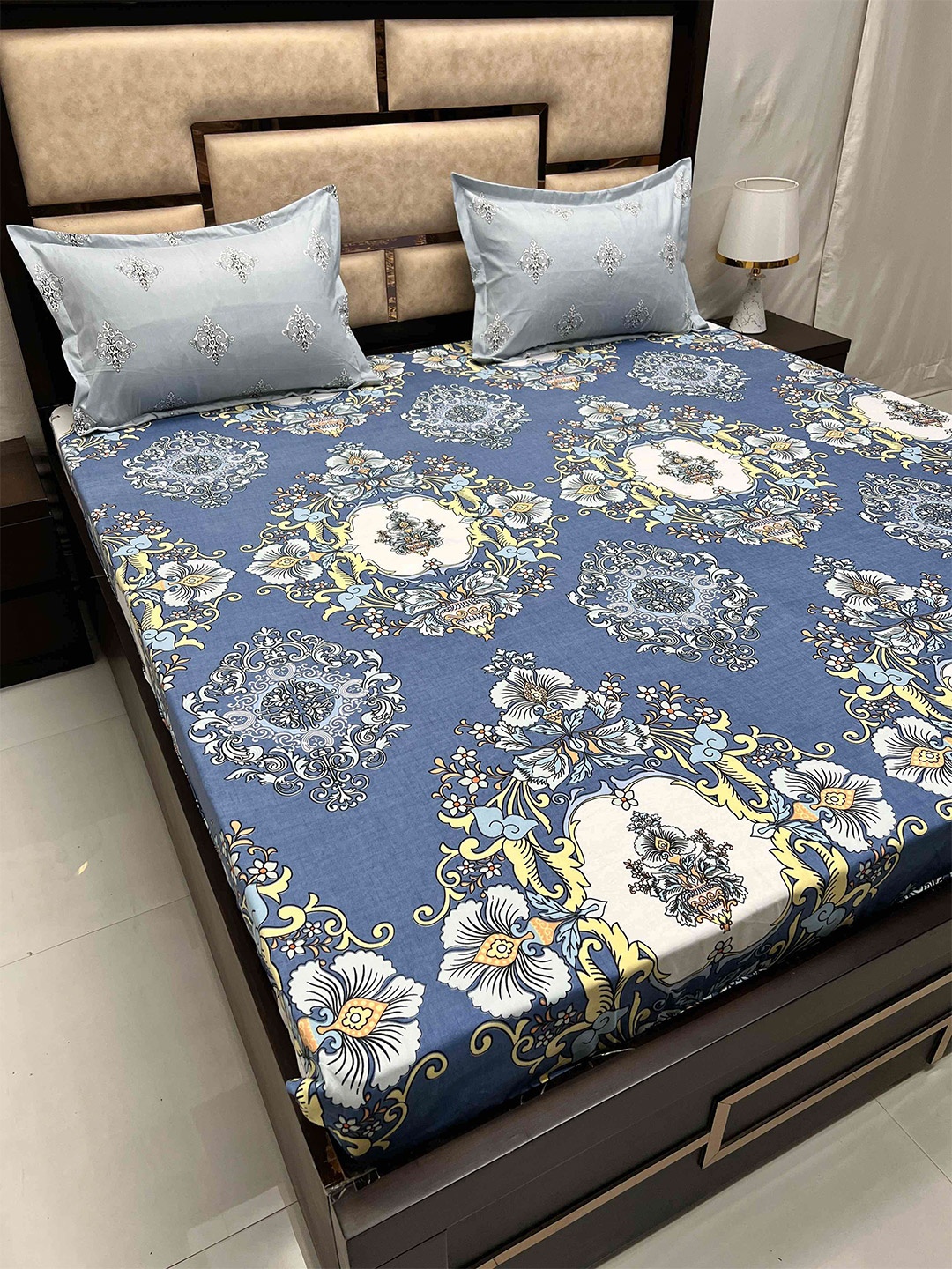 

Pure Decor Manor Blue Ethnic Motifs Cotton 180 TC Fitted King Bedsheet & 2 Pillow Covers