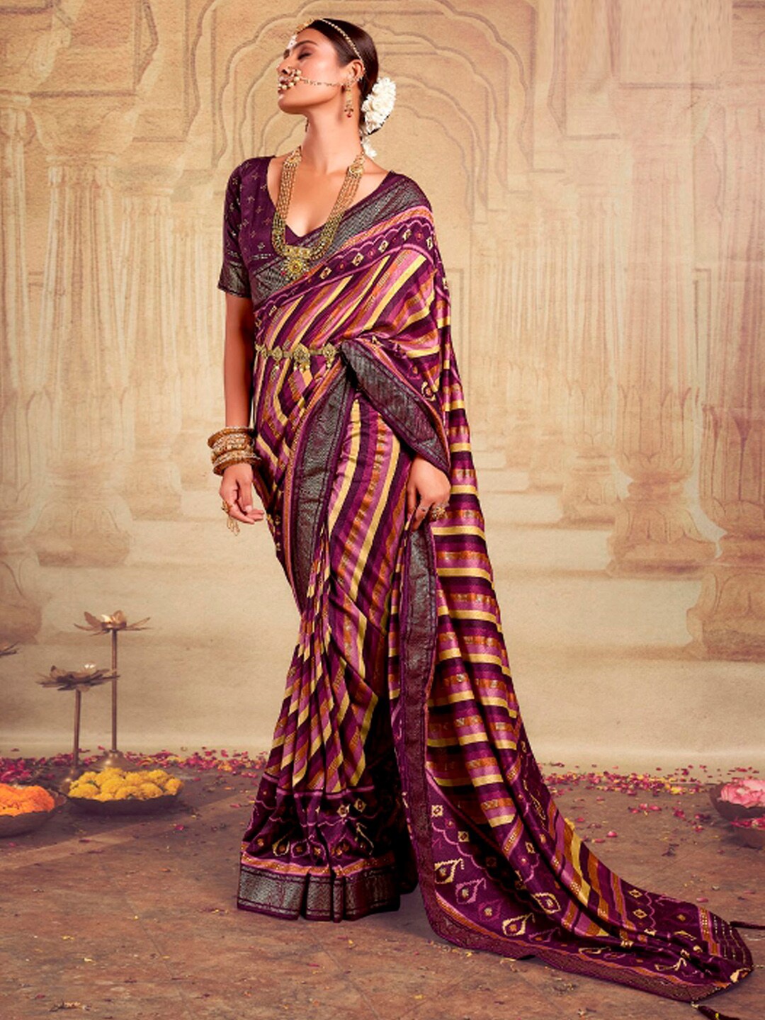 

Mitera Striped Zari Detail Saree, Purple