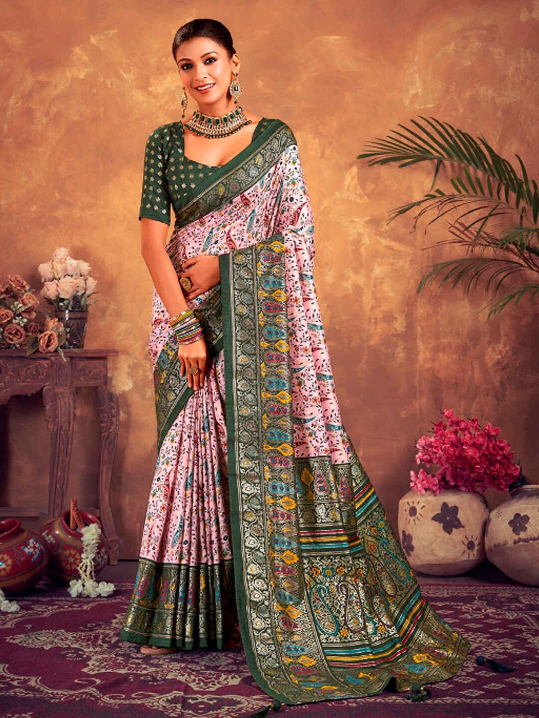 

Mitera Mauve Ethnic Printed Zari Silk Blend Banarasi Saree