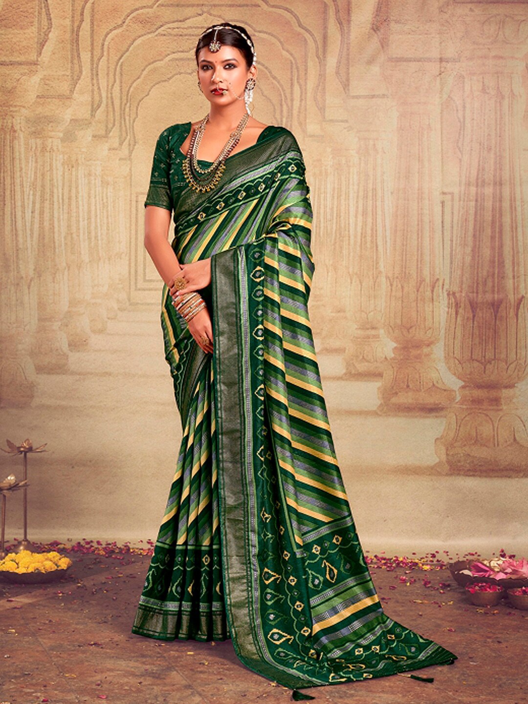 

Mitera Striped Zari Detail Saree, Green