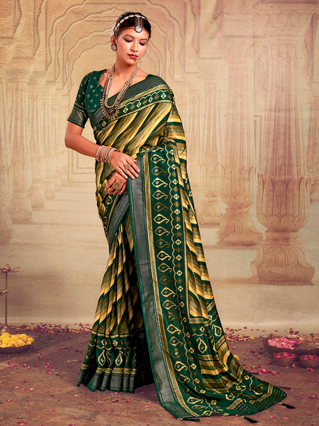 

Mitera Striped Zari Detail Saree, Green