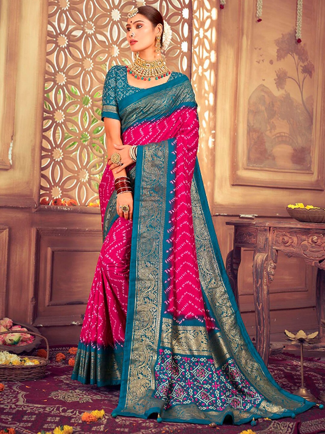 

Mitera Pink Ethnic Motifs Printed Tussar Saree