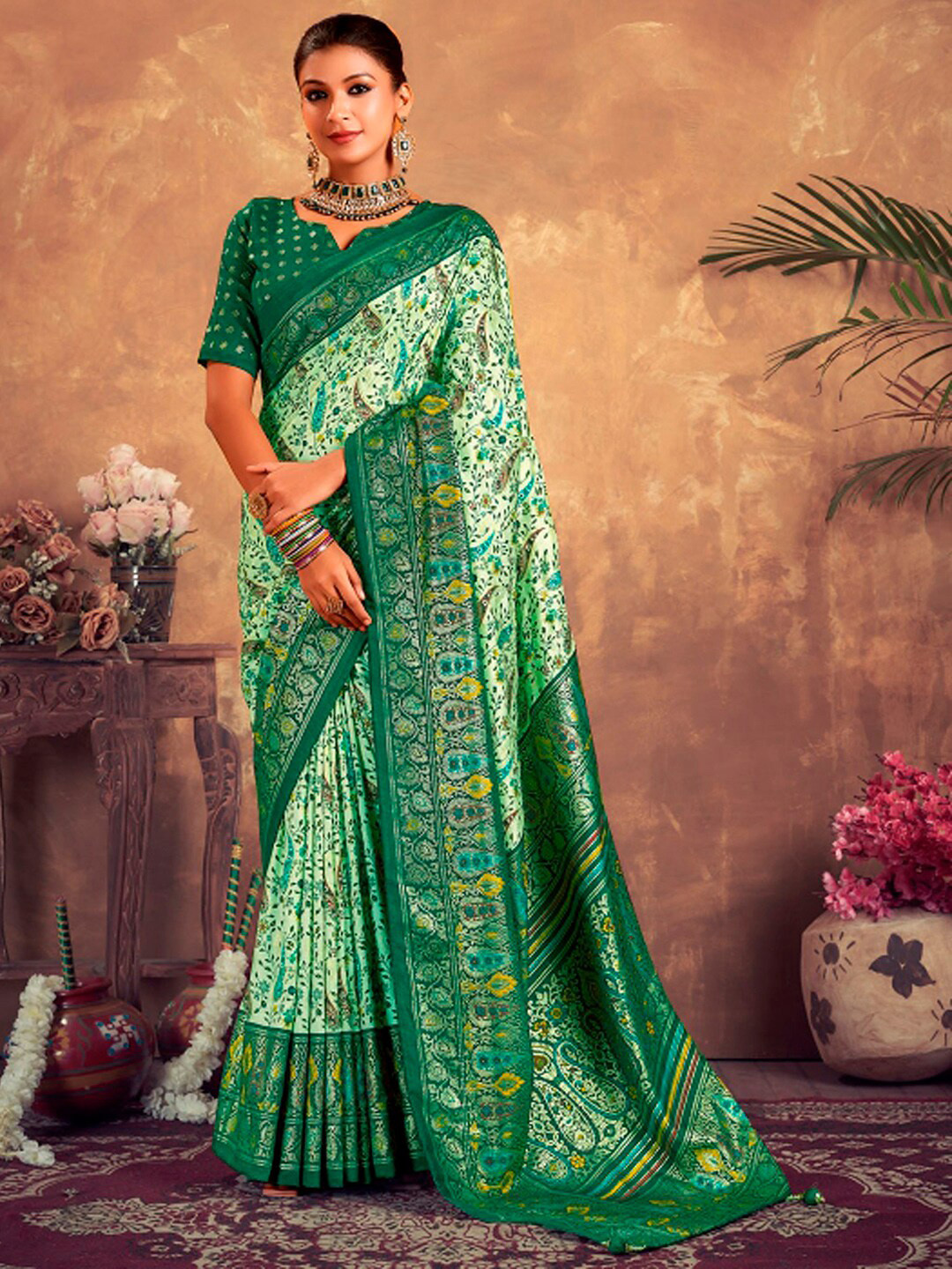 

Mitera Floral Printed Zari Detail Saree, Green